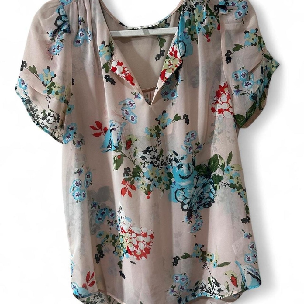 Daniel Rainn Blouse Womens Medium Pink Floral V-Neck Short Sleeve Pleated Top - Picture 3 of 6